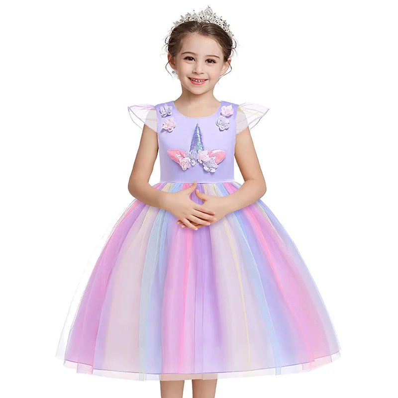 

Rainbow Unicorn Girls Dress Summer Mesh Fashion Birthday Party Princess Dresses For Christmas Halloween Costume Kids Clothes
