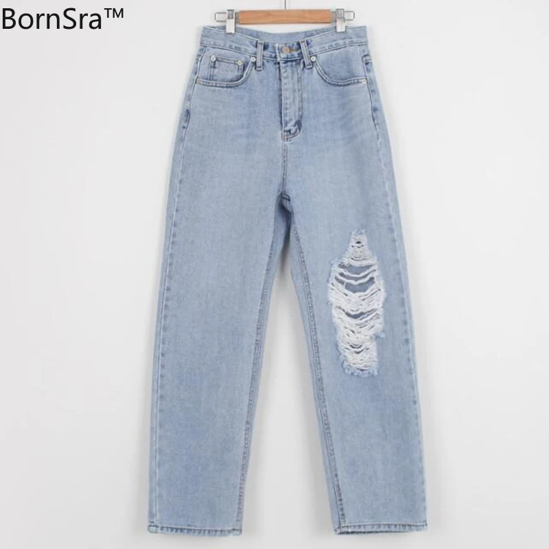 

BornSra 2020 Summer Casual High Waist Harem Jeans Women Loose Female Denim Jeans Pants Streetwear Ripped Hole Denim Trousers