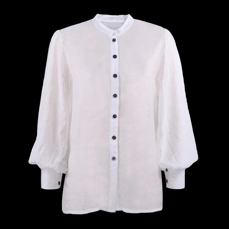 

WEPBEL Women Casual Summer Fashion Shirt Top Ladies Elegant Long Puff Sleeve Stand Collar Single Breasted Solid Loose T-shirt