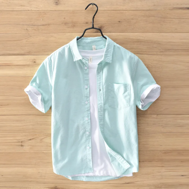 

men's short 2021 sleeve pure cotton shirts with pocket white pink green sky blue gray summer casual shirts men solid colorful