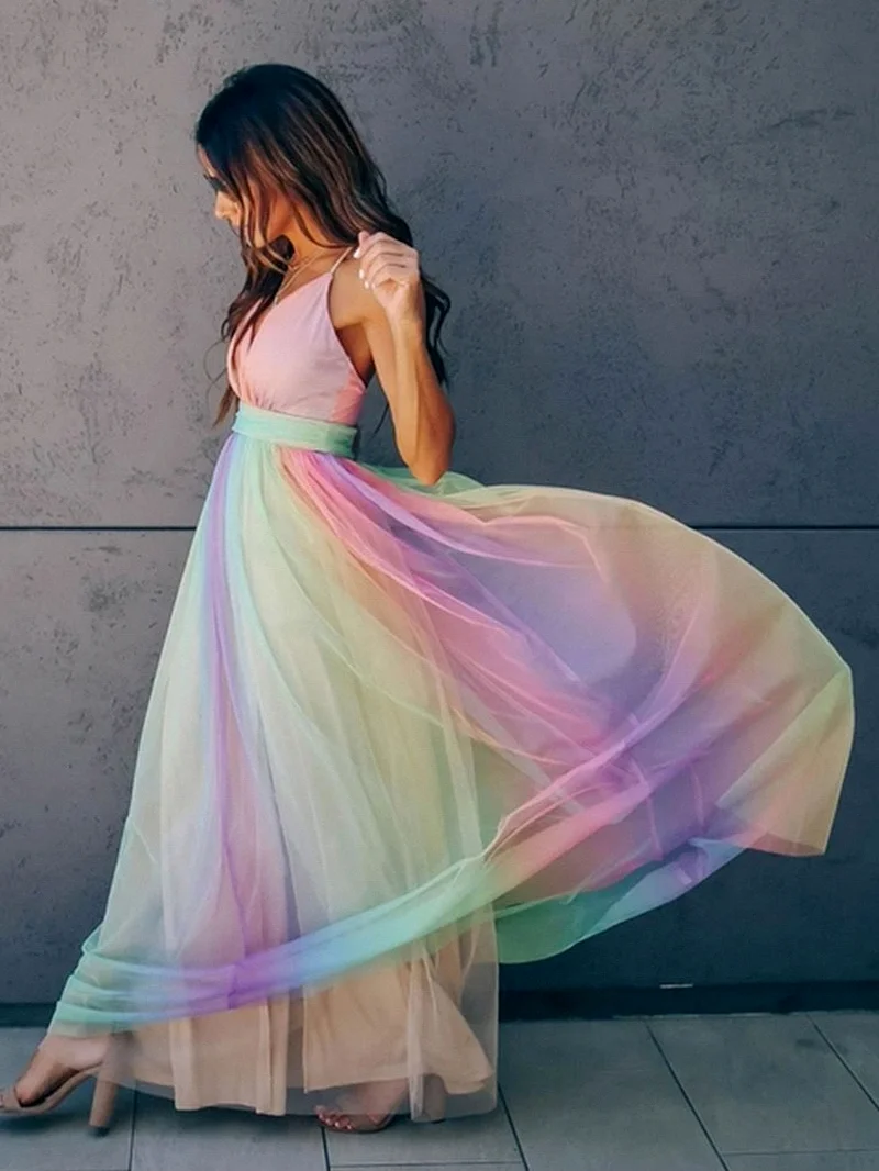 

ZA 2021 New Women Elegant Long Dress Summer V-neck Mesh Rainbow Printed Sleeveless Lace Beach Dress Female Sexy Party Dresses