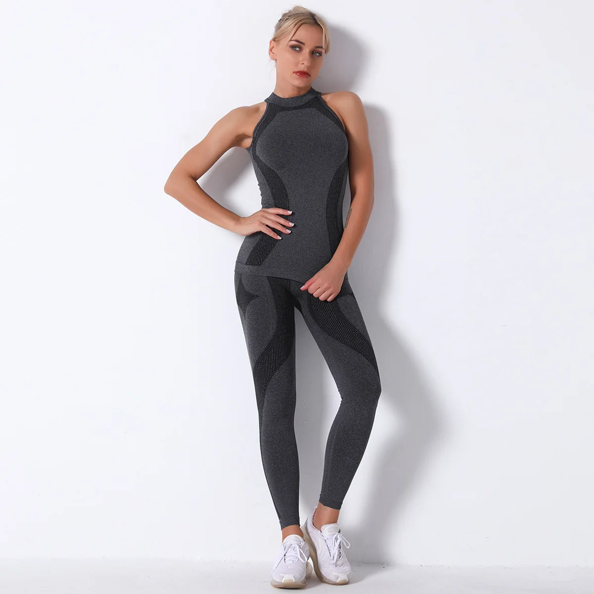 

Explosion Style Knitted Striped Moisture Wicking Vest Yoga Suit Sports Running Fitness Pants Women Leggings Sport Women Fitness