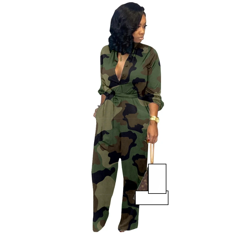 2019 Autumn Camouflage Printed Jumpsuits And Rompers For Women Loose With Sashes Palazzo Pants Bib Overalls Sexy Casual Pockets | Женская