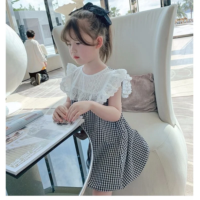 

Детское летнее Новое модное однотонное клетчатое платье с воротником на бретелях, юбка-трапеция, повседневное милое платье с прострочкой д...