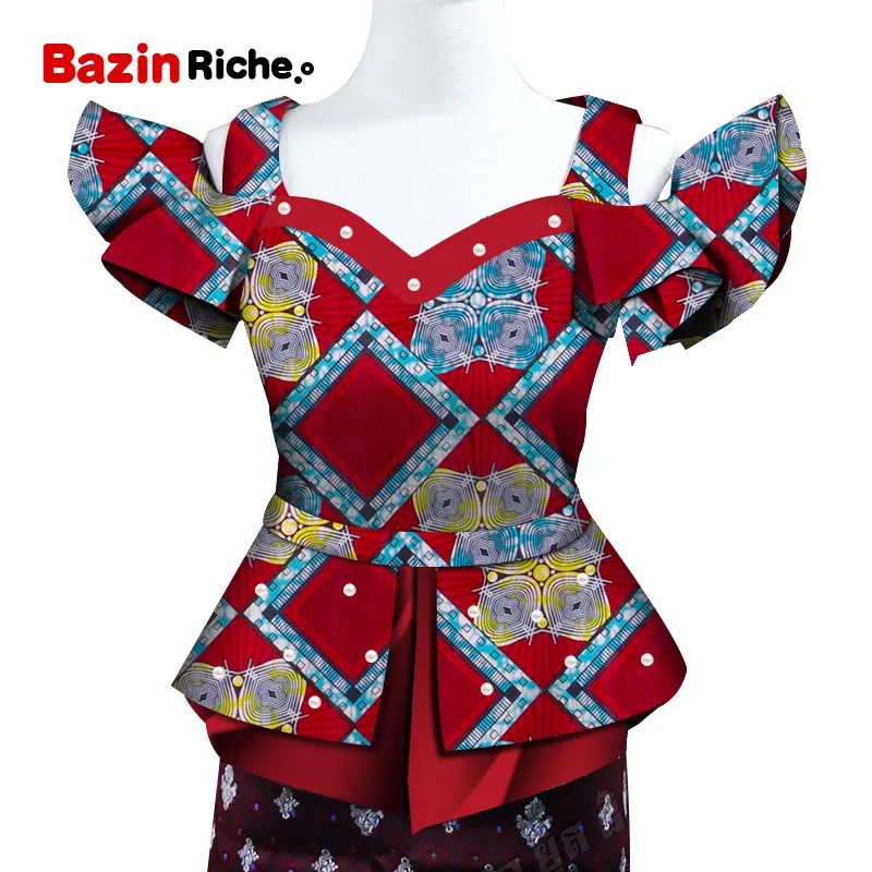 Топ с Африканским принтом для женщин жемчугом футболка двойными оборками 100%