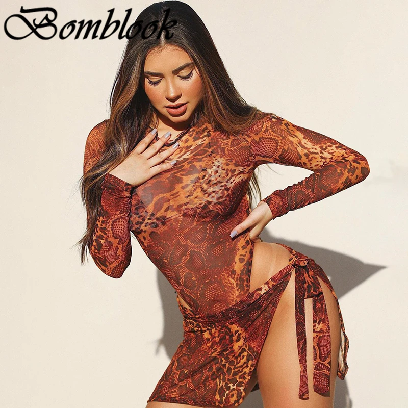 

Bomblook Sexy Party Club Women's Suit Summer 2021 Snakeskin Print O-neck Long Sleeve Bodysuits Lace Up Skirt Sets Femme Outfits