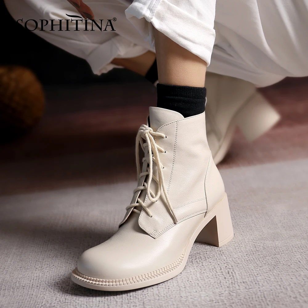 

SOPHITINA Novelty Round Toe Boots Thick High Heel Concise Genuine Leather Shoes Square Heel Warm Lace Female Ankle Boots HO129