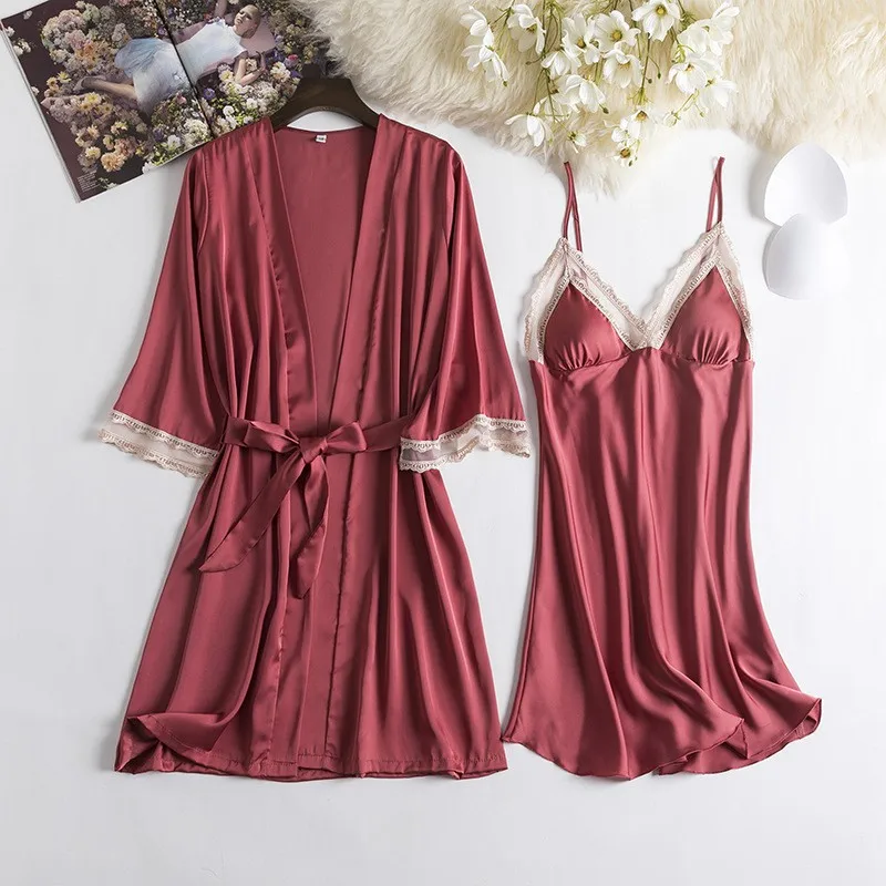 

Summer Women Robe Set Bride Bridesmaid Wedding Robe Suit Silky Kimono Gown Sexy Lace Sleep Set Female Twinset Robe Set Homewear