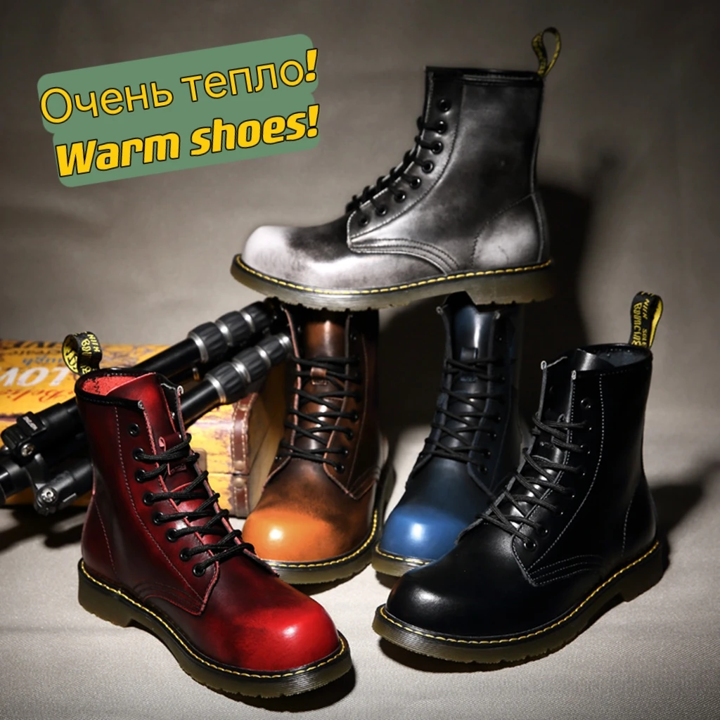 

Autumn Winter Genuine Leather Ankle Shoes Classic Martin Boots Fur Plush Brand Design Luxury Unisex Shoes Large Size 35-46