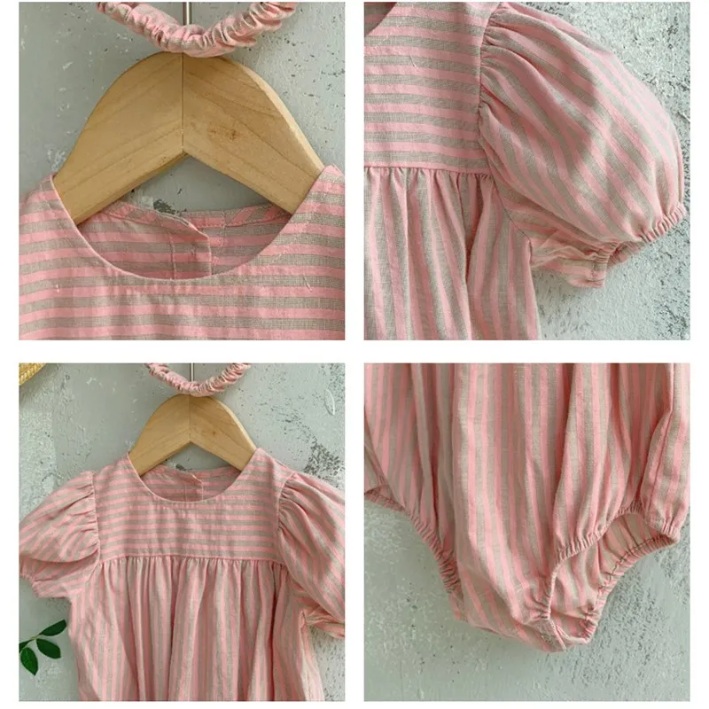 

2021Korean Summer Girls Romper Princess Striped Short Puff Sleeve Newborn Baby Infant Cute Fashion Jumpsuit+hairband 2pcs Outfit
