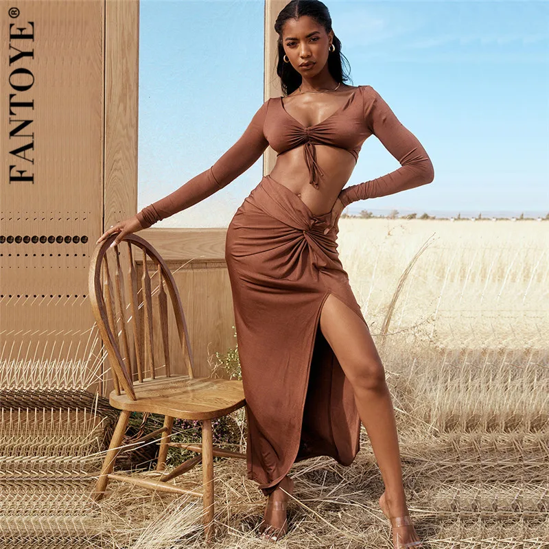 

Fantoye V-neck High Split Drawstring Women Two Piece Of Sets Brown Long Sleeve Ruched Skirt Ladies Summer Skinny Streetwear Sets