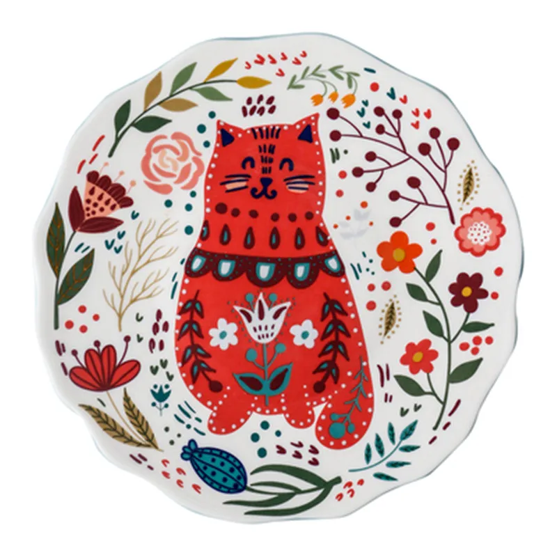 

Colorful Cat Dinner Plate Under-glazed Ceramic Dinner Dishes Dessert Tray Flower Kitten Dinnerware Microwave Safe Dessert Plate