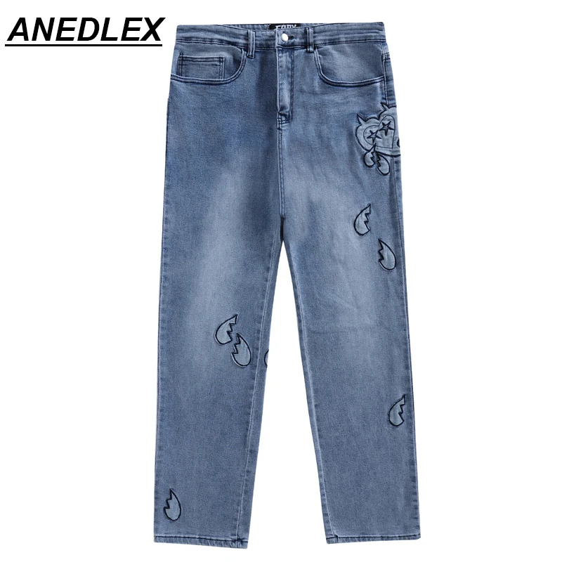 

Men Denim Pants Streetwear Hip Hop Embroidered Heart Denim Pants Harajuku Distressed Denim Pant Trousers Fashion Loose Pants