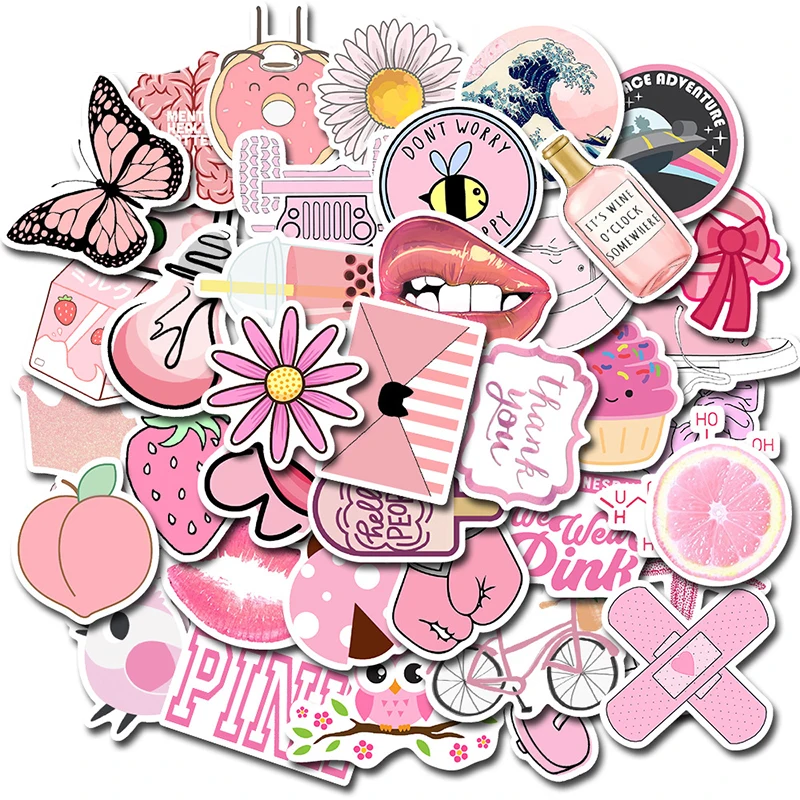 Pegatinas de grafiti para port&aacute;til, juguetes decorativos impermeables de dibujos animados, peque&ntilde;os y bonitos, color rosa, 10/30/50 Uds., venta al por mayor-0