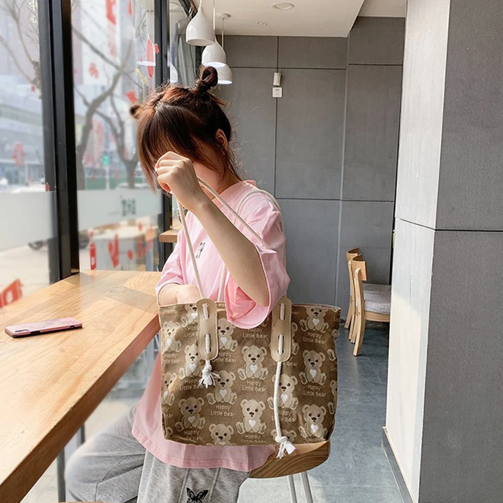 

Women Leisure Canvas Handbags Cute Cartoon Bear Shoulder Bags Large Capacity Casual Travel Shopping Totes Pouch Streetwear