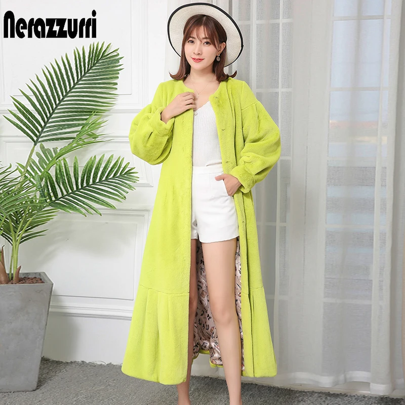 

Nerazzurri Runway fashion women High quality winter fluffy faux fur coat lantern sleeve pleated hem Extra long furry outerwear