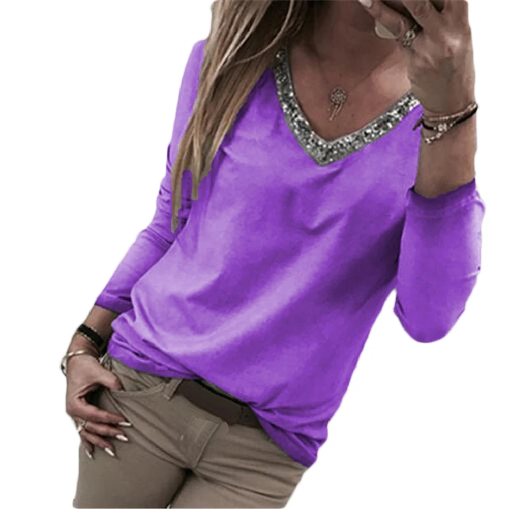 Осенняя Сексуальная Женская Повседневная блуза с v образным вырезом и блестками