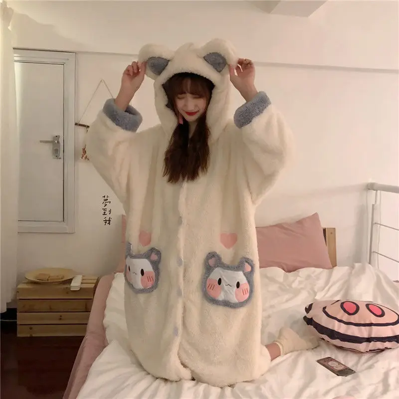 Autumn and Winter Thick and Warm Cute Mid-length Plush Nightgown Female Korean Sweet Bear Home Service Suit Outer Wear