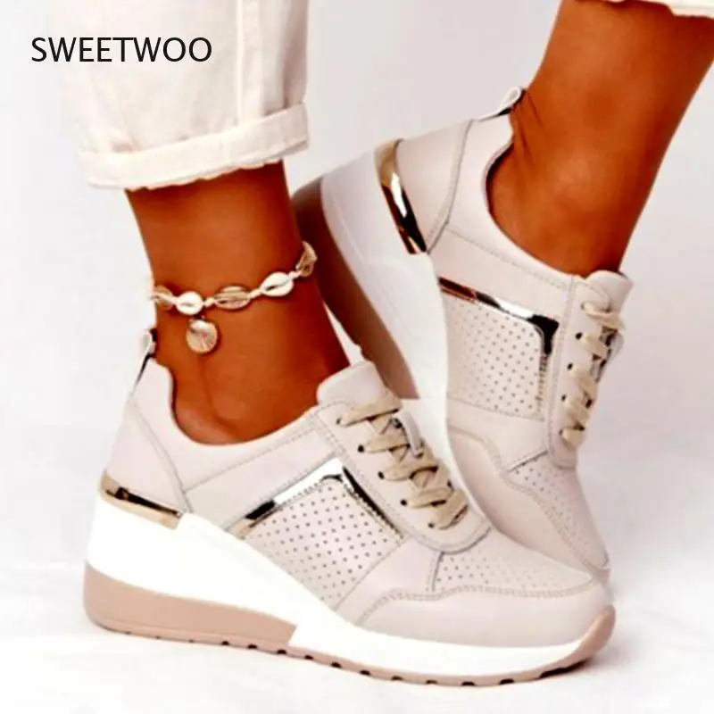 

Женская спортивная обувь на толстой подошве, дышащая сетчатая спортивная обувь большого размера на танкетке с кружевом, лето 2021