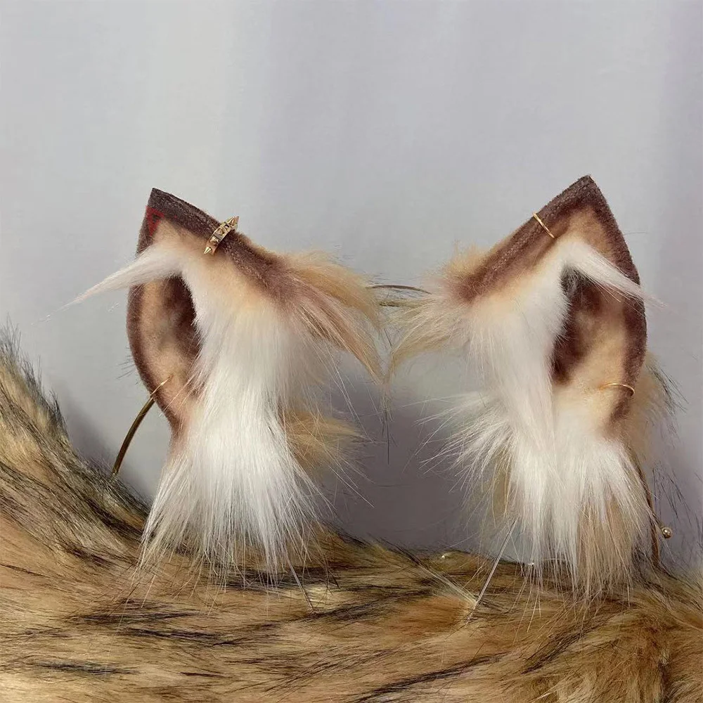 Обруч для волос коричневый кофейный с маленькими молочными лисьими ушками обруч