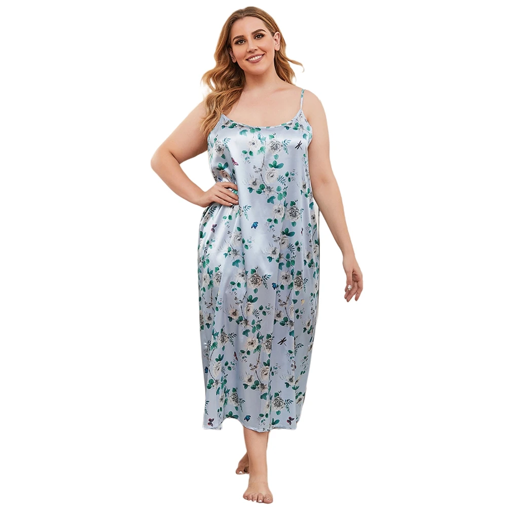 

Women Satin Long Nightgown Sexy Full Length Sleepwear Summer Floral Print Sleeveless Nightshirt