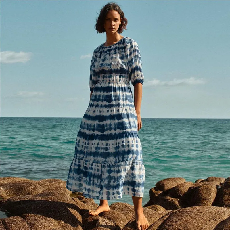 

Donsignet Fashion Women's Dress New Summer Casual Hot Sale Round Neck Pullover Print Sexy Ruffled Waist Slimming Dress Plus Size