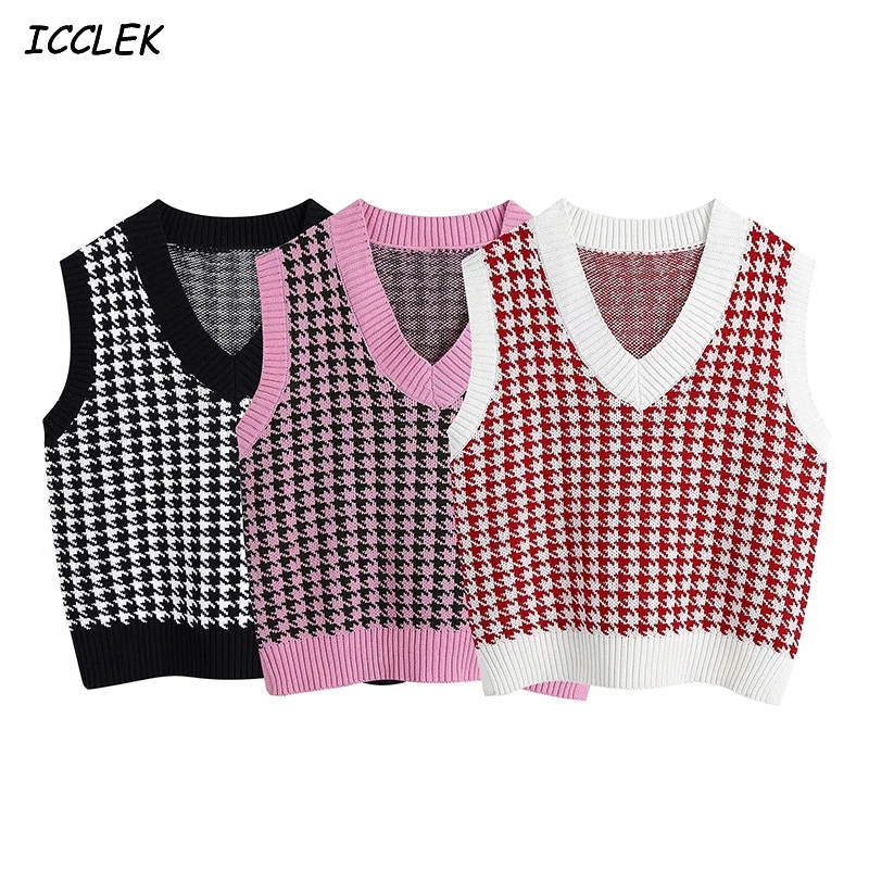 

Autumn Za Women's Houndstooth Vest Pink Sweaters V Neck Sleeveless Sweater Female Vintage Knitted Jumpers Pullouer Knitwear 2020
