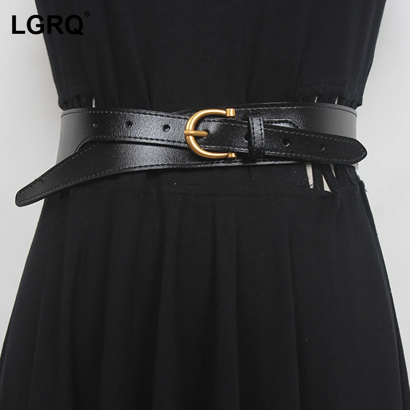 

[LGRQ] Pu Leather Black Buckle Irregular Wide Belt Personality Women New Fashion Tide All-match Spring Autumn 2021 1DE3550