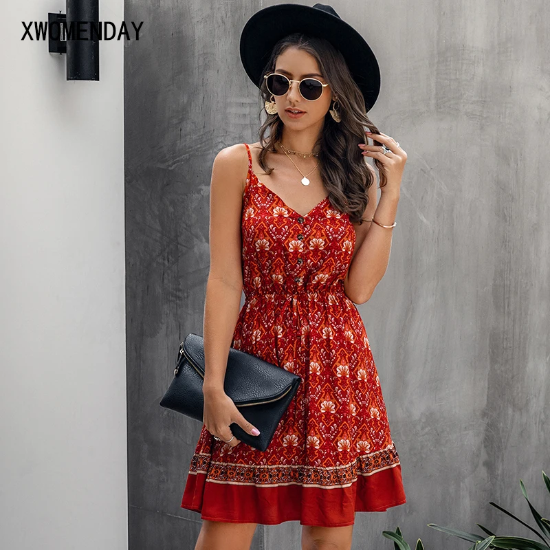 Летнее женское Хлопковое платье с цветочным принтом винтажное повседневное мини