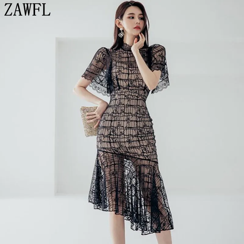 

ZAWFL женское сексуальное вечернее платье с круглым вырезом и многослойными оборками 2022 Автопортрет летнее ажурное кружевное платье с длинны...