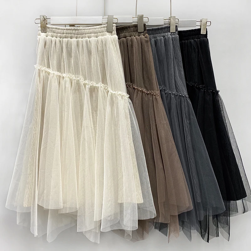 

2021 mesh stitching irregular skirt high-waist skirts autumn