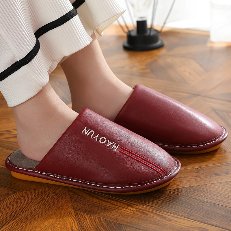 

Winter New Warm Home Women Fur Slippers Indoor Cotton Shoes Ladies Slippers Soft No-slip Waterproof Man Leather PU Couples Shoes