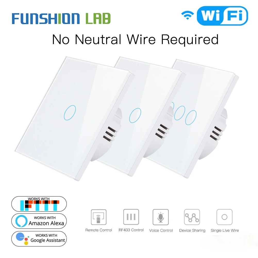 

White WiFi Smart Wall Switch No Neutral Wire Needed Wireless Smart Life Tuya Remote Control Single Fire Work With Alexa RF433