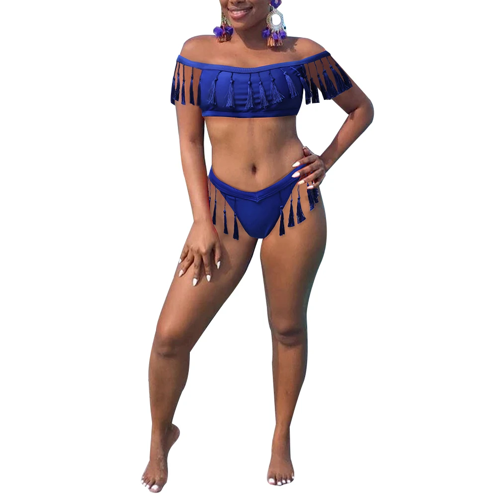 2020 Women Sets Summer Beach Bikinis Set Swimwears Slash Neck Tassel Top + Panties Two Piece Bohemian Swimsuit GL6016 |