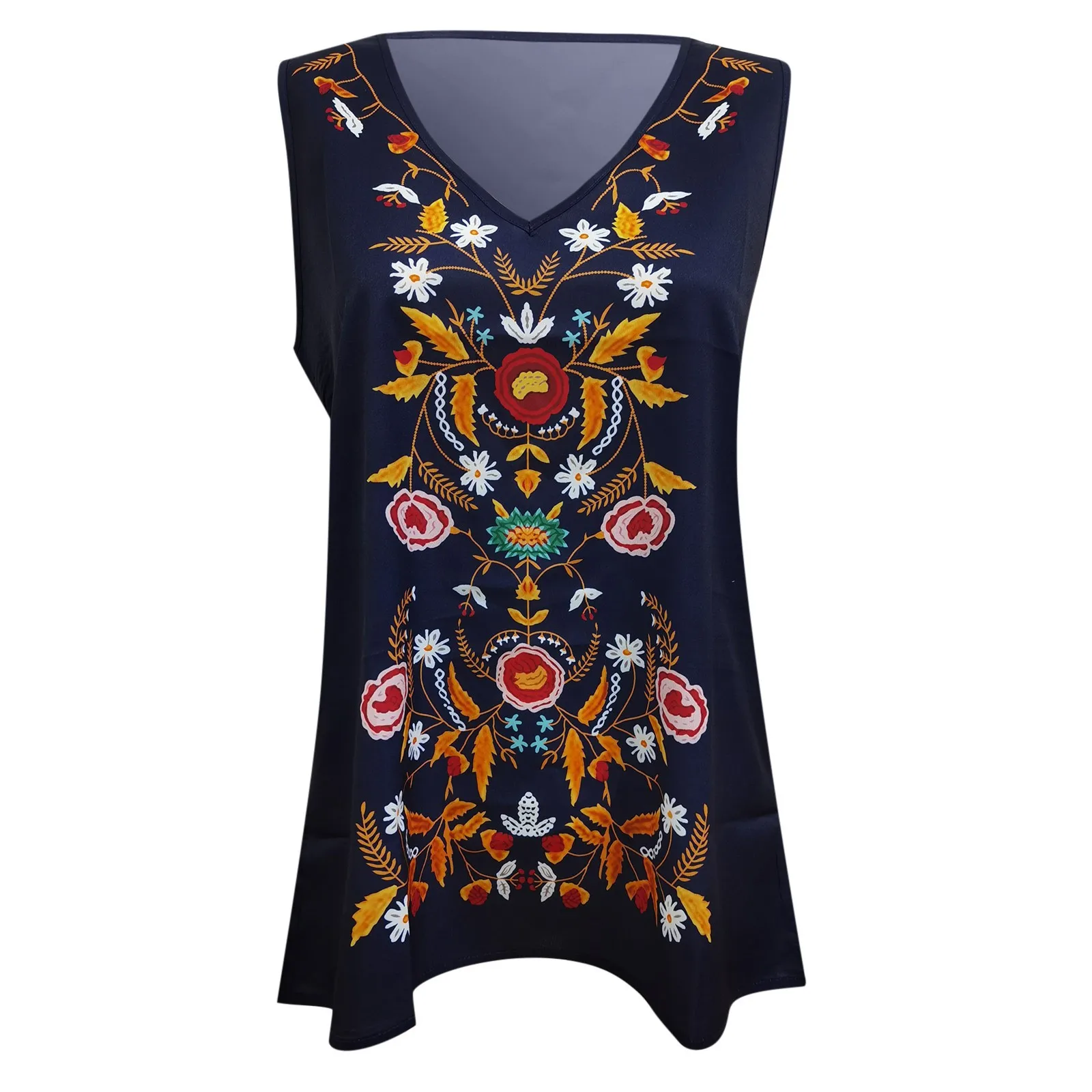 

Floral Blouses Women Office Splicing Vintage Flower Print Elegant Shirts V-neck Sleeveless Teeshirt Blusas Mujer De Moda 2021