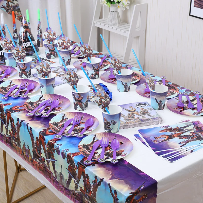 

Fortnite Theme Birthday Decoration Cake Stand Paper Cup Tray Tableware Set Supplies Party Accessories Birthday Background Cloth