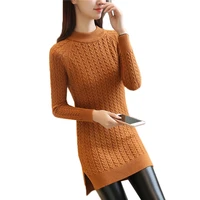 autumn winter medium long pullover sweater female new bag hip bottoming tops ladies solid split fork slim knit jumper women h125