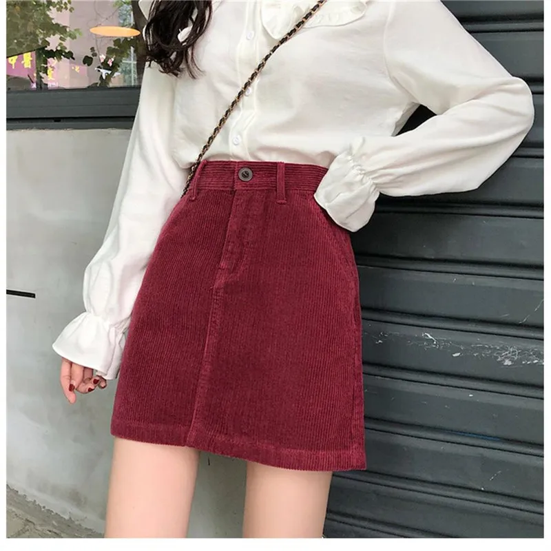 

Vintage Wine Red Black Corduroy Skirt Women Slim High Waist A-line Skirt Ladies sexy Hip Mini Skirt Elegant Saia Midi Jupe Femme