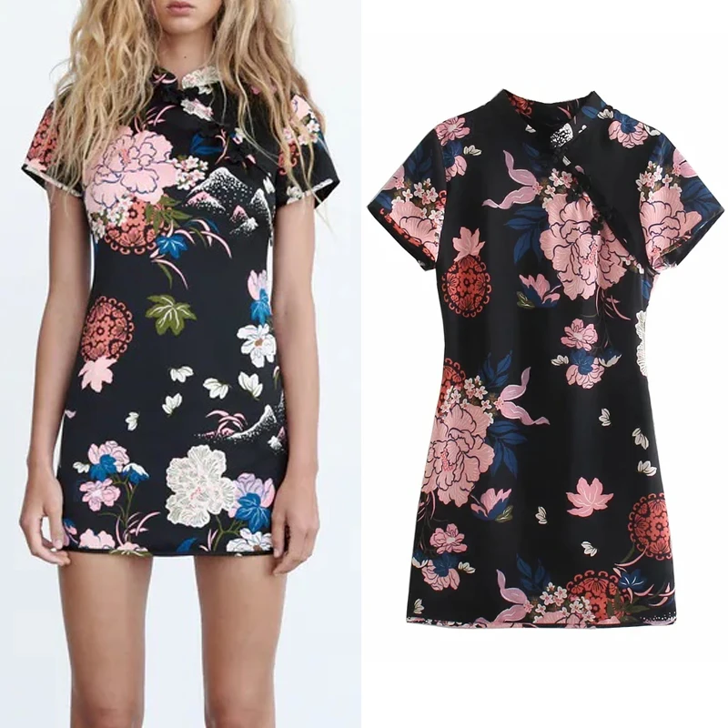 

Za Black Satin Dress Woman Floral Short Summer Dresses 2021 Short Sleeve Mini Women Dresses Chinese Style Vintage Dress