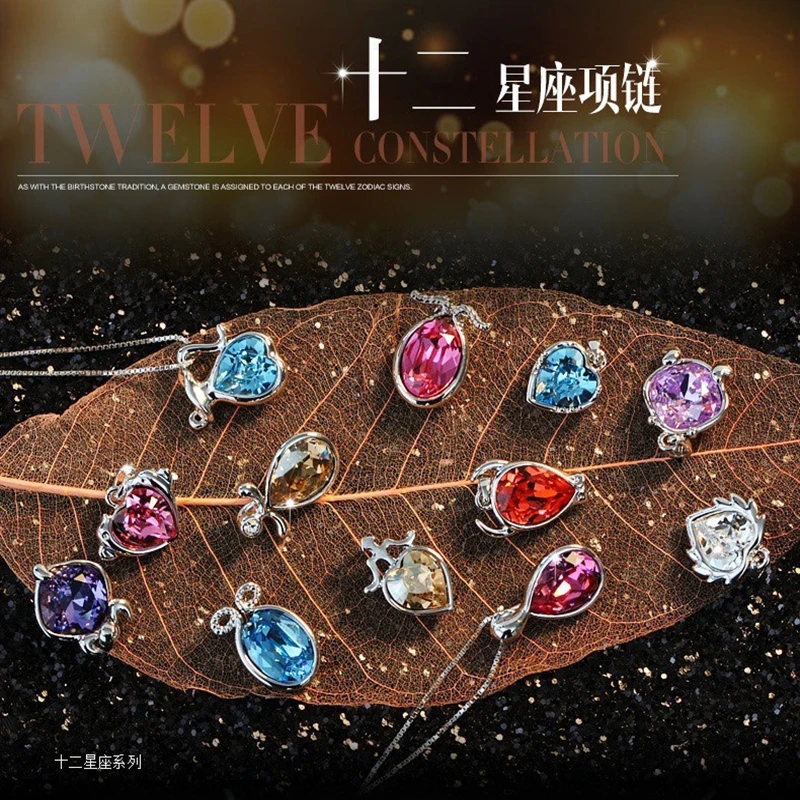 

12 Constellations Necklace 12 Zodiac Signs Austrian Crystal Pendant Necklace Jewelry Birthday Day Gift for Girls