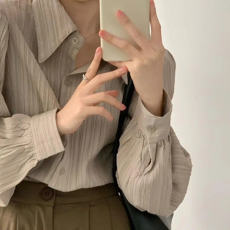 

Women Shirts Folds Elegant French Style Spring Vintage Long Sleeve Turn-down Collar Fashion Office All-match Workwear Daily New
