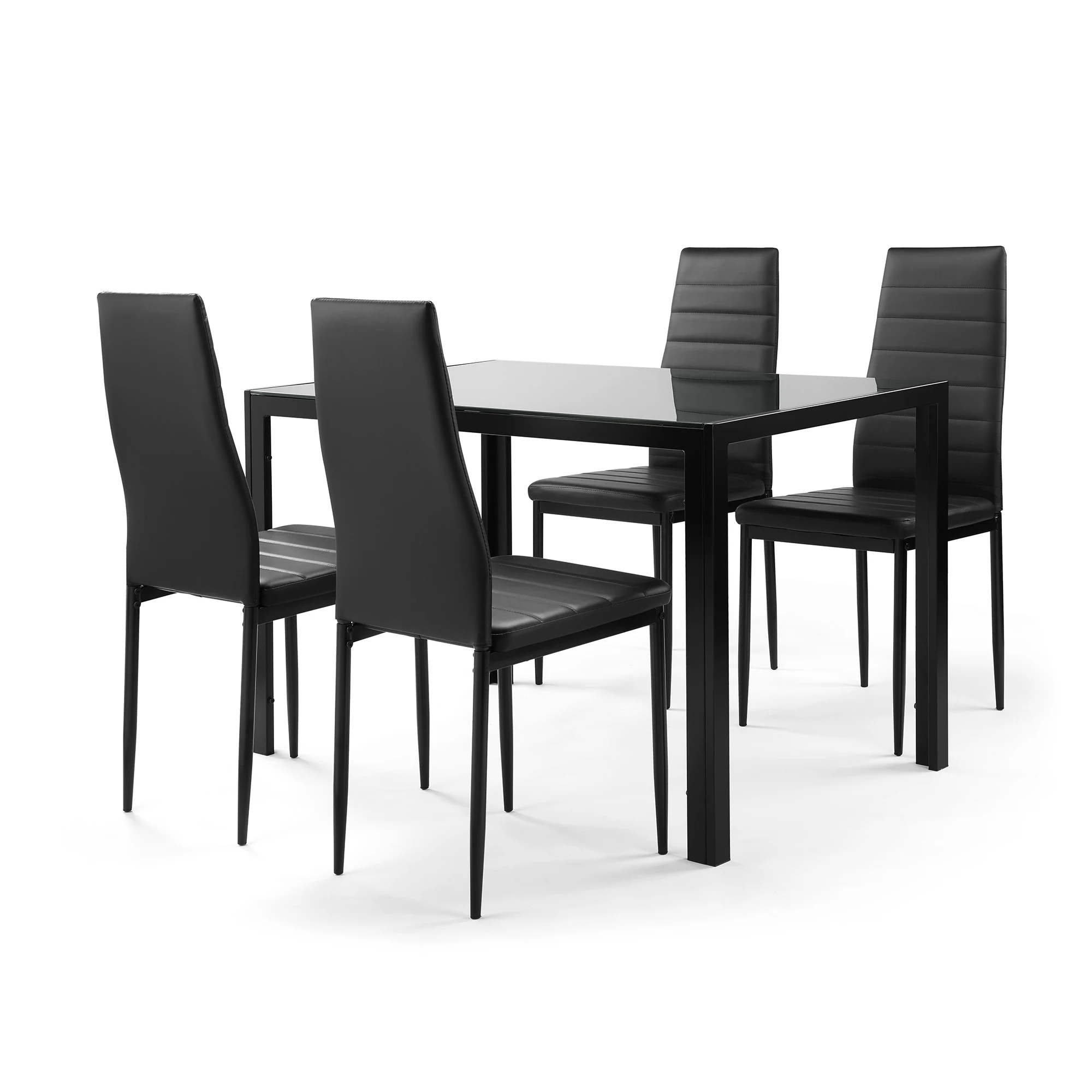 5 חתיכות אוכל שולחן כיסא סט עבור 4 כולל 1 מזג זכוכית שולחן העבודה אוכל שולחן + 4 גבוהה משענת פו עור כיסאות שחור