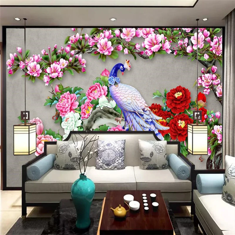 

beibehang Custom Photo Wallpapers for Living Room bedroom Embossed Peacock Magnolia Flower Mural 3D wall paper Home Decoration