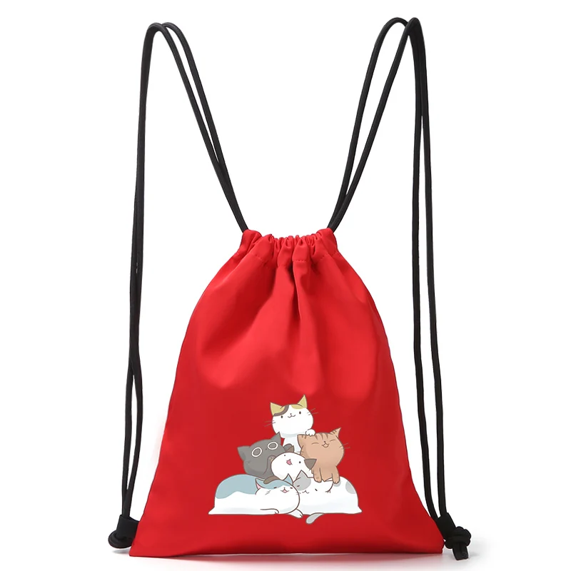 

13-Inch Cute Cartoon Cat Drawstring Bag Pulling Rope Backpack Simple Outdoor Travel Backpack Storage Sports Bag