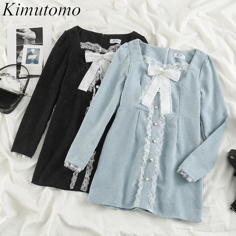 

Kimutomo Vintage French Style Knitted Dresses Women Lace Patchwork Square Collar Long Sleeve Bow Single Breasted Mini Vestidos