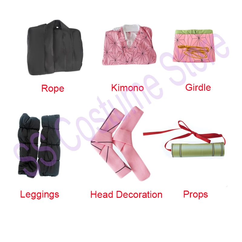 

Anime Demon Slayer: Kimetsu no Yaiba Cosplay Costume Kamado Nezuko Cosplay Women Pink Kimono Wigs Clogs Robe Cloak Geta Shoes
