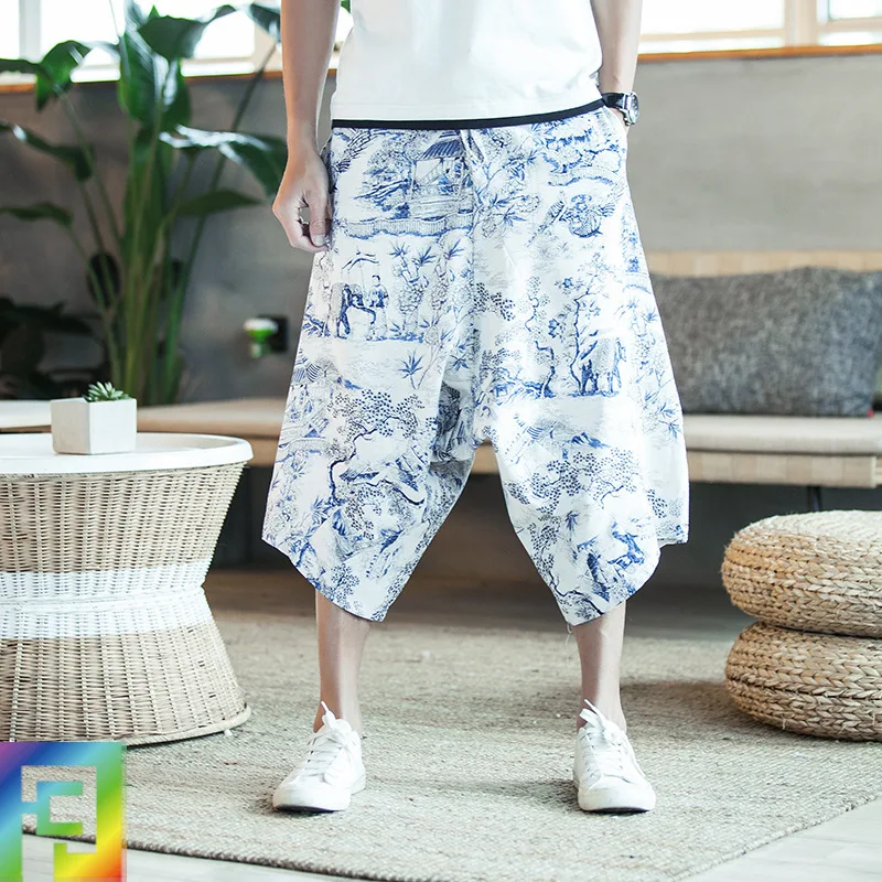 

2020 Summer New Linen Cropped Pants Men's Casual Hip-hop Harem Pants Loose Large Size Printed Casual Pants Jogging Pants Men
