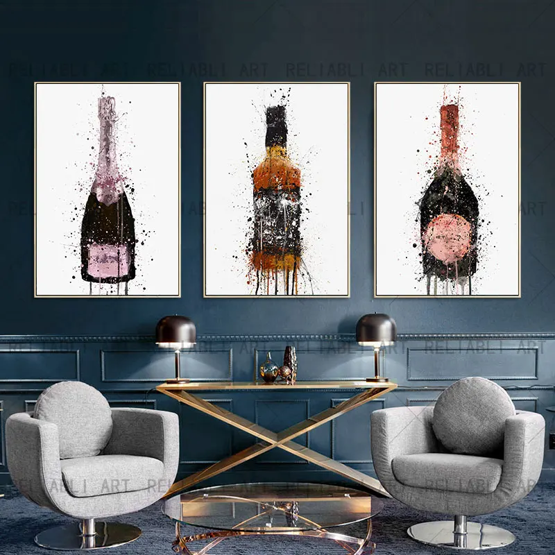 

Modern Champagne Bottle Wall Art Rosy Canvas Painting Pictures Wine Bottle Posters and Prints for Living Room Home Decor Cuadros