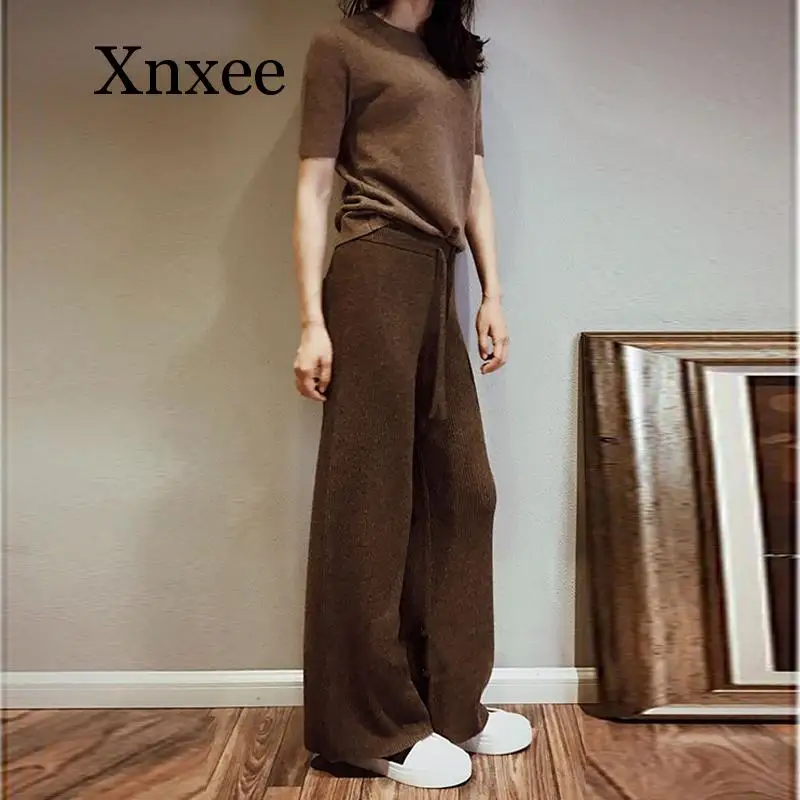 cashmere camel pants female Autumn Winter soft waxy comfortable pure knitted wide leg Casual Loose Knitted women | Брюки