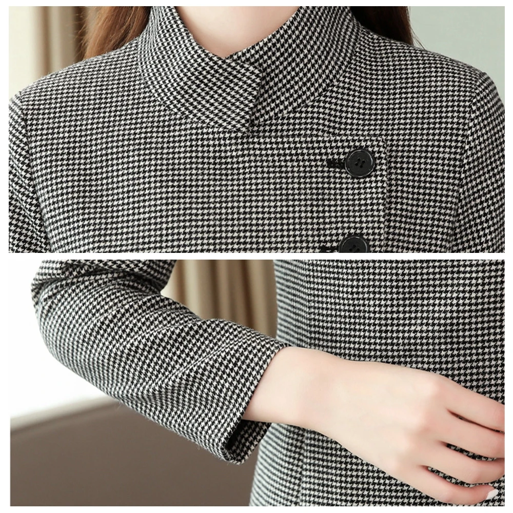 

Vintage Thick Houndstooth Midi Dresses Autumn Winter Warm Plus Size Long Sleeve Plaid Dress Elegant Women Bodycon Party Vestidos